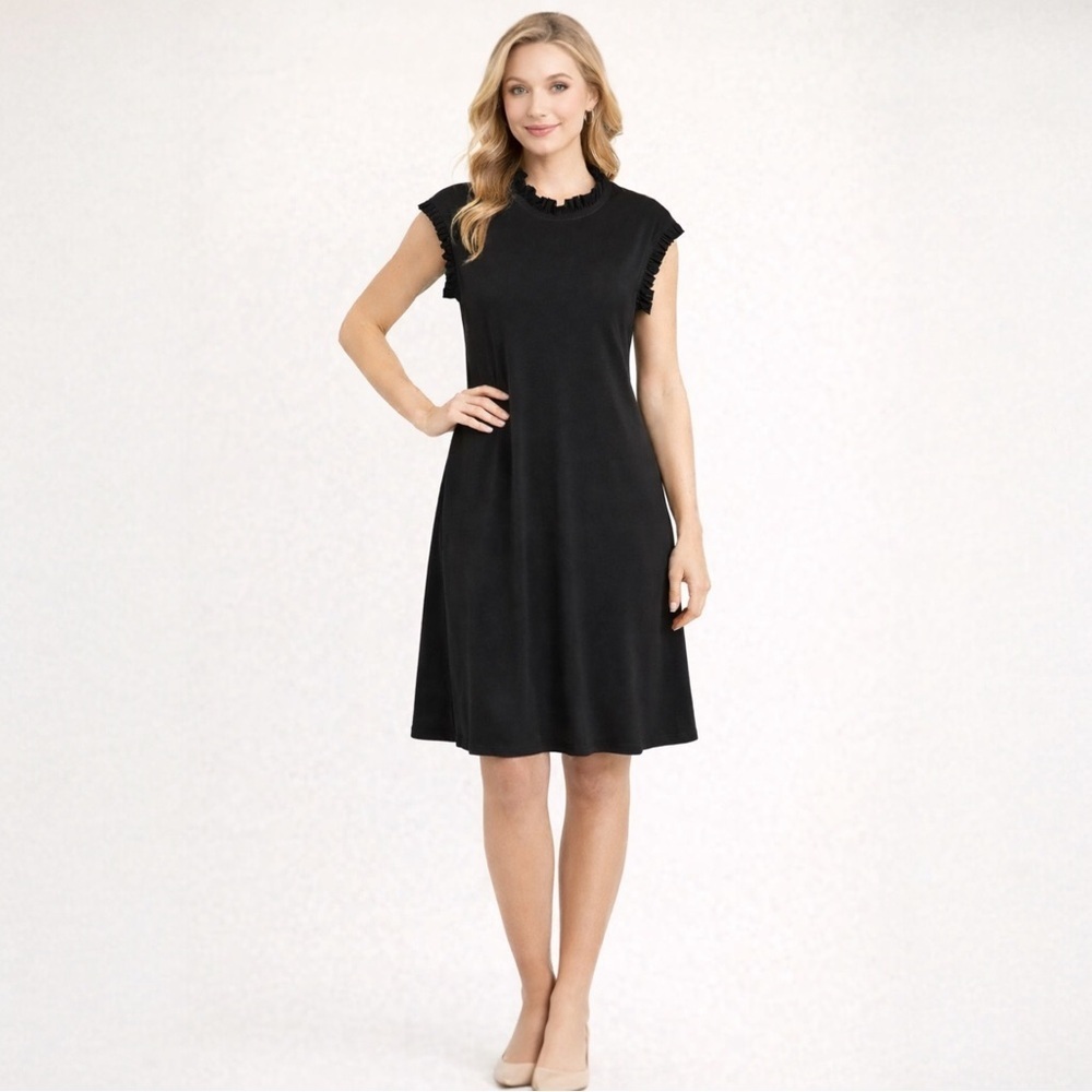 Annalee + Hope Black Ruffle Neck Shift Dress Cap Sleeve Large NWT